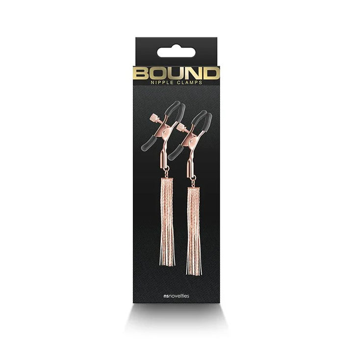 Bound nipple clamps retail box in black, rose gold clamps and tassels pictured