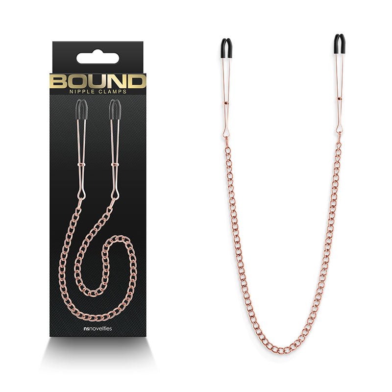 Buy Bound Nipple Clamps - DC3 - Rose Gold - Rose Gold Nipple Clamps with Chain – Naughtyhut NZ sex toys online. Discreet delivery & top brands.