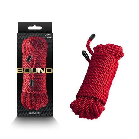 A red Bound polyester rope, 7.6 meters long with black capped ends, is coiled neatly next to its box, which features bold gold labeling and the ropes image.