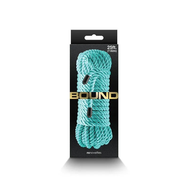 Bound bondage rope retail box in black, green coil pictured with the 25 ft marking
