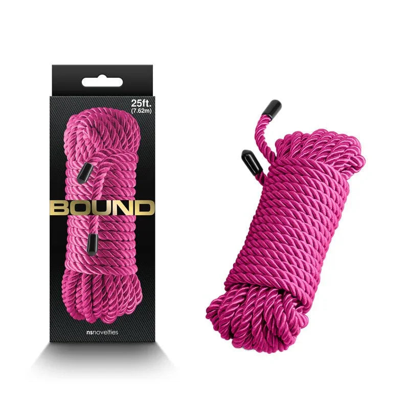 Bound bondage rope in Pink, 7.6 m coiled with capped ends, beside its Bound box