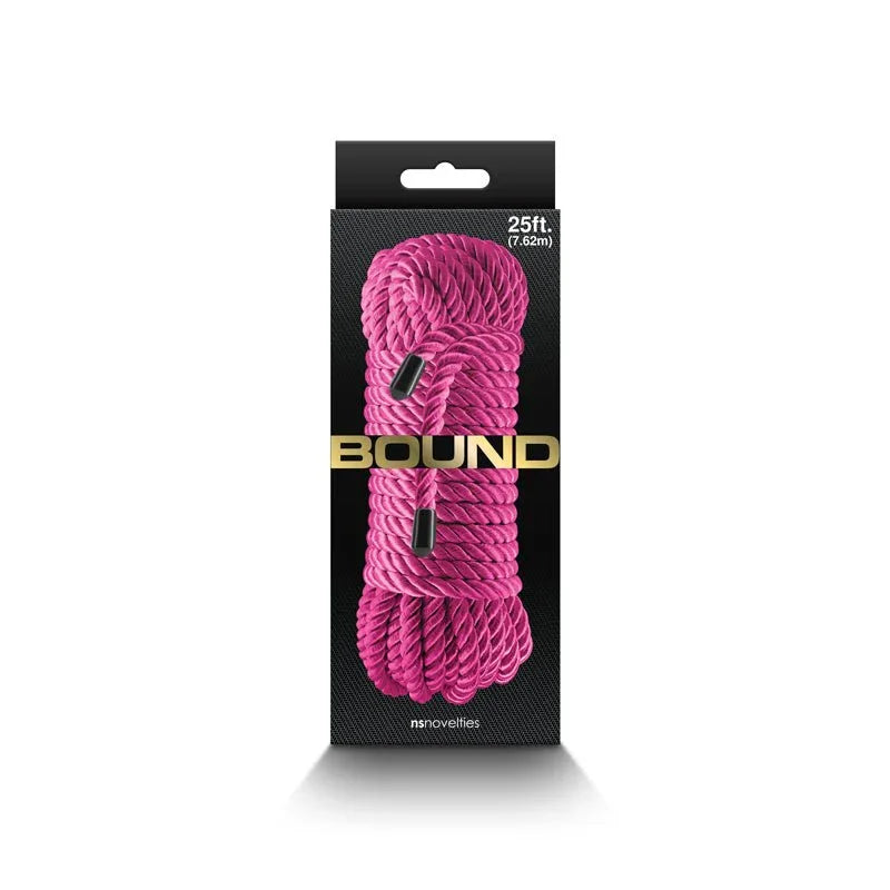 Bound bondage rope retail box in black, pink coil pictured with the 25 ft marking