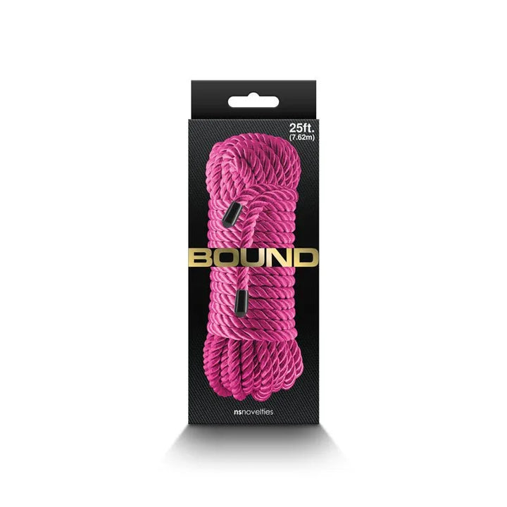 Bound bondage rope retail box in black, pink coil pictured with the 25 ft marking