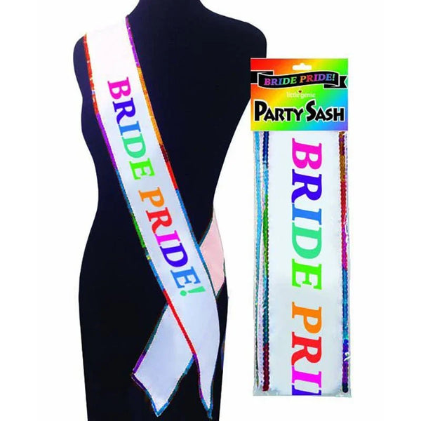 Bride Pride hens party sash in white with rainbow lettering, on a form and in its pack