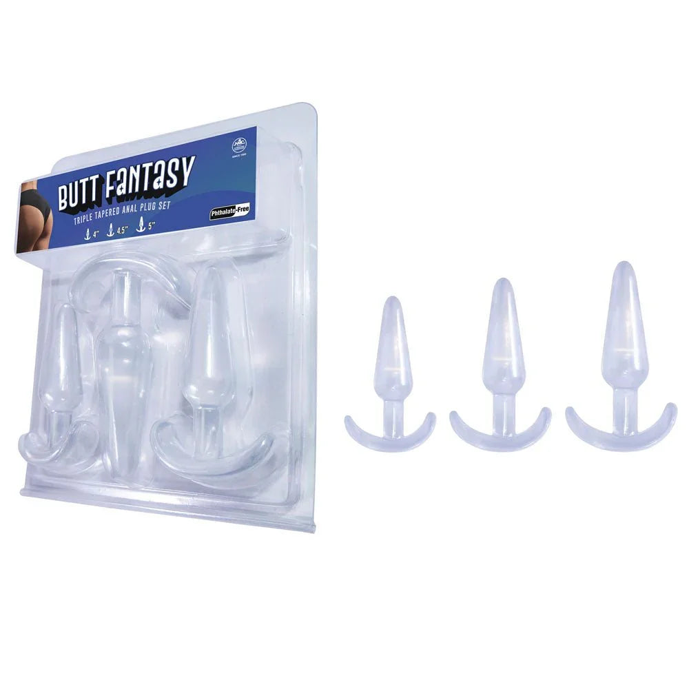 Butt Fantasy tapered plug set in Clear, three anchor-base plugs beside the blister pack