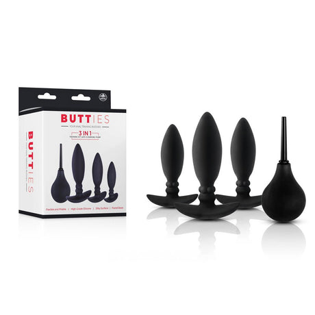 Buy Butties - Black Anal Training Plug Set with Cleansing Pump – Naughtyhut NZ sex toys online. Discreet delivery & top brands.