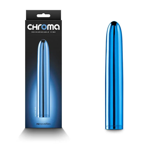 Chroma rechargeable vibrator in metallic Blue, tapered shaft beside its blue retail box
