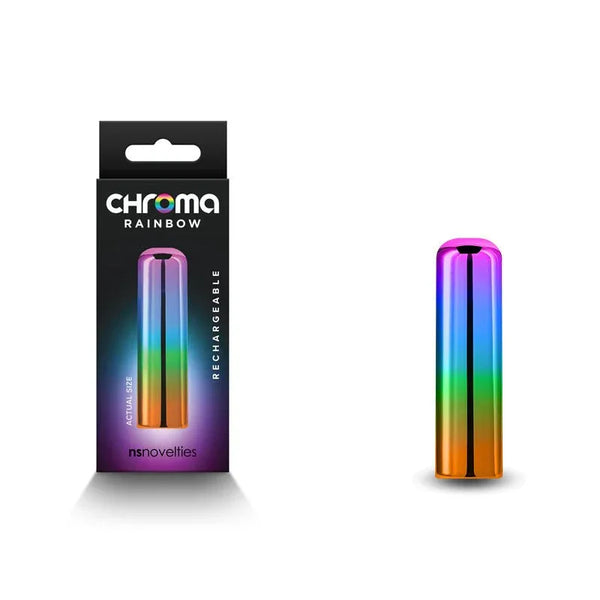 Chroma Rainbow small bullet in metallic rainbow gradient, upright beside its black box