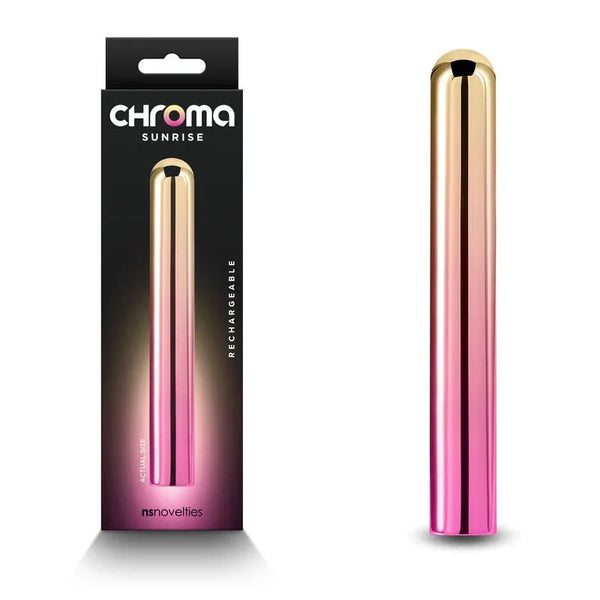 Chroma Sunrise large vibrator in metallic gold-to-pink gradient, slim shaft beside its box