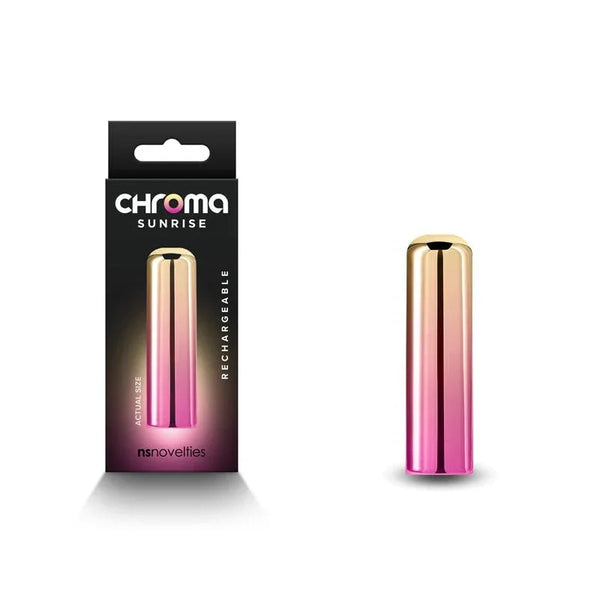 Chroma Sunrise small bullet in metallic gold-to-pink gradient, upright beside its black box