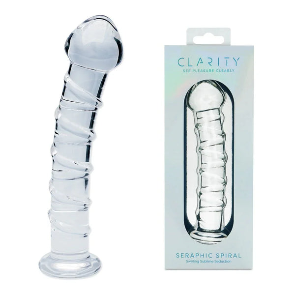 Clarity Seraphic Spiral 16 cm glass dildo, swirl-wrapped shaft beside its box