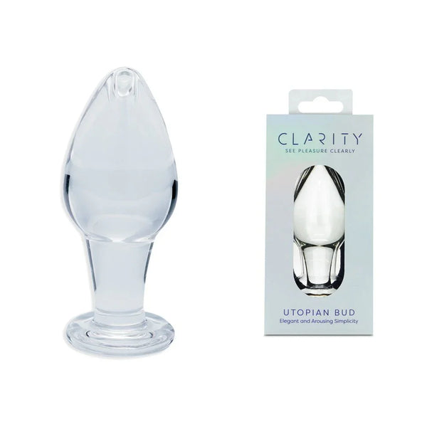 Clarity Utopian Bud 8.9 cm glass butt plug, teardrop on a round foot, beside its box
