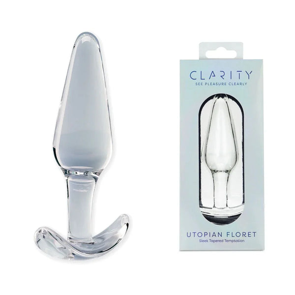 Clarity Utopian Floret 11 cm glass plug, tapered cone with anchor base, beside its box