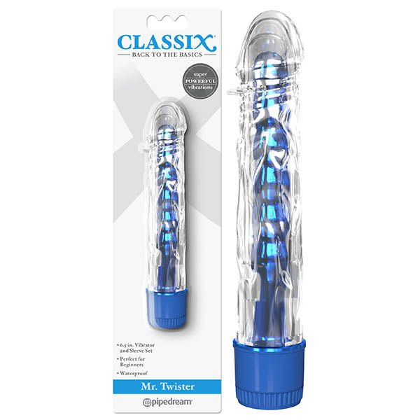 Classix Mr Twister - Metallic Blue 16.5 cm (6'') Vibrator with Clear Sleeve – Sex toys NZ by Naughtyhut. Discreet delivery nationwide.