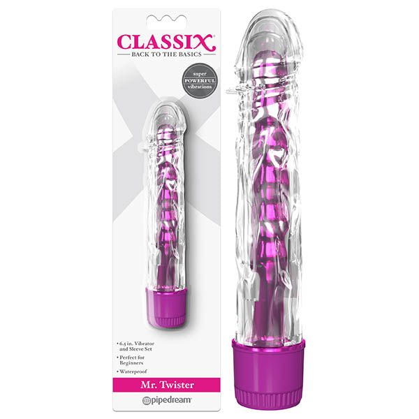 Classix Mr Twister - Metallic Pink 16.5 cm (6'') Vibrator with Clear Sleeve – Sex toys NZ by Naughtyhut. Discreet delivery nationwide.