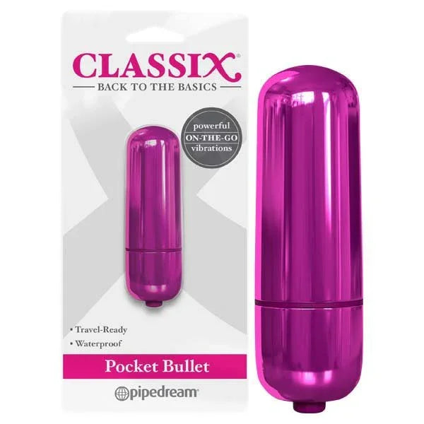 Pipedream Classix Pocket Bullet in Metallic Pink shown beside its Classix card packaging