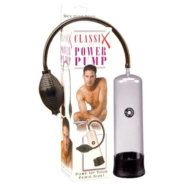Pipedream Classix Power Pump in Clear, cylinder and squeeze bulb beside its Classix box