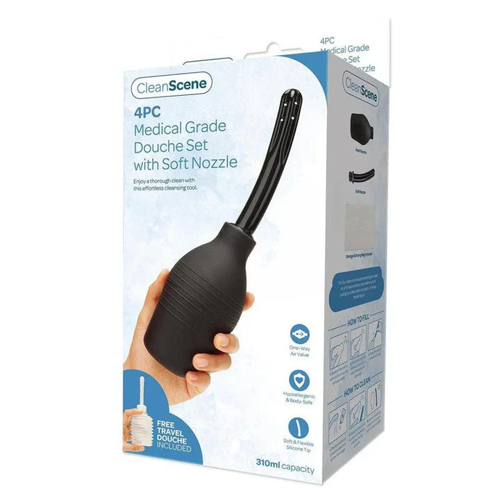 CleanScene 4 Piece Medical Grade Douche Set retail box, black bulb shown in a hand