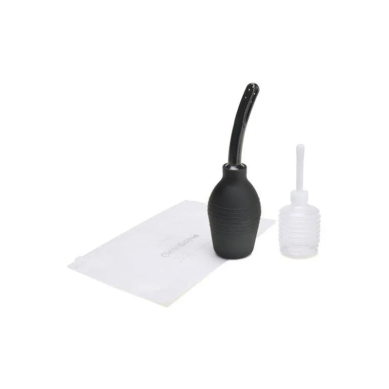 CleanScene black douche bulb with its soft nozzle, storage bag and clear travel douche