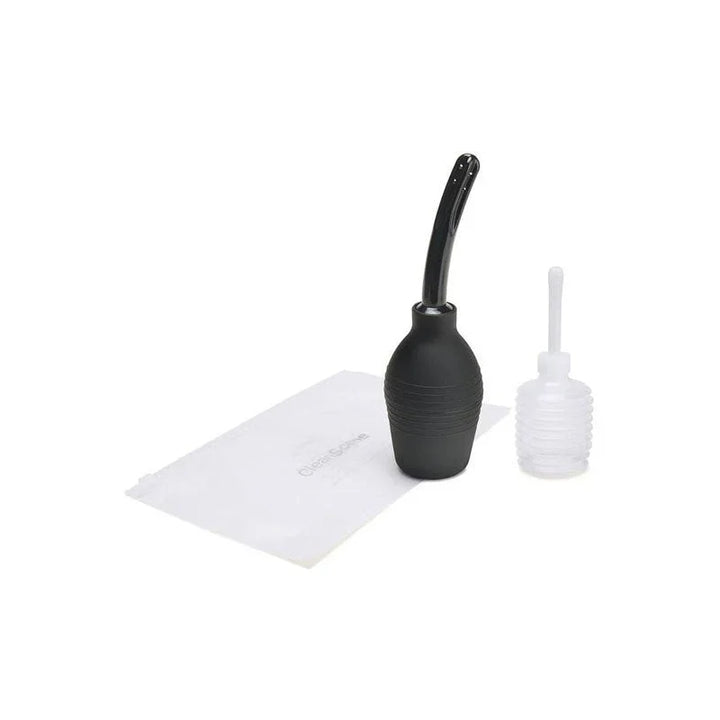 CleanScene black douche bulb with its soft nozzle, storage bag and clear travel douche