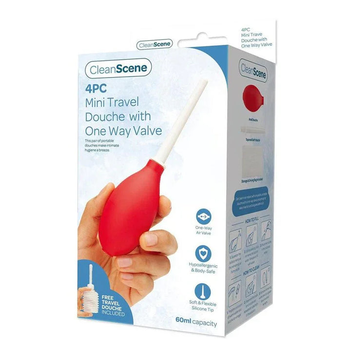 CleanScene 4 Piece Mini Travel Douche retail box, red bulb shown in a hand
