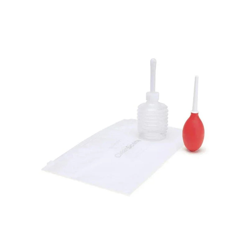 CleanScene red mini travel bulb with its storage bag and the clear travel douche