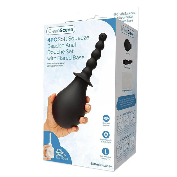 CleanScene 4 Piece Soft Squeeze Beaded Anal Douche Set retail box, black bulb in a hand
