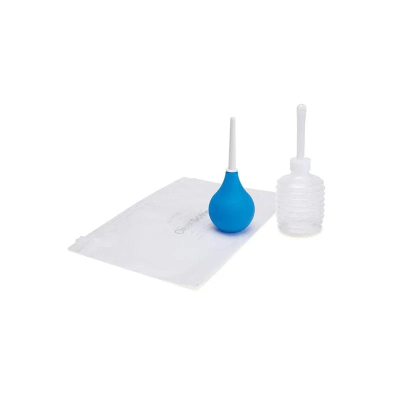 CleanScene blue travel bulb on its storage bag beside the clear travel douche
