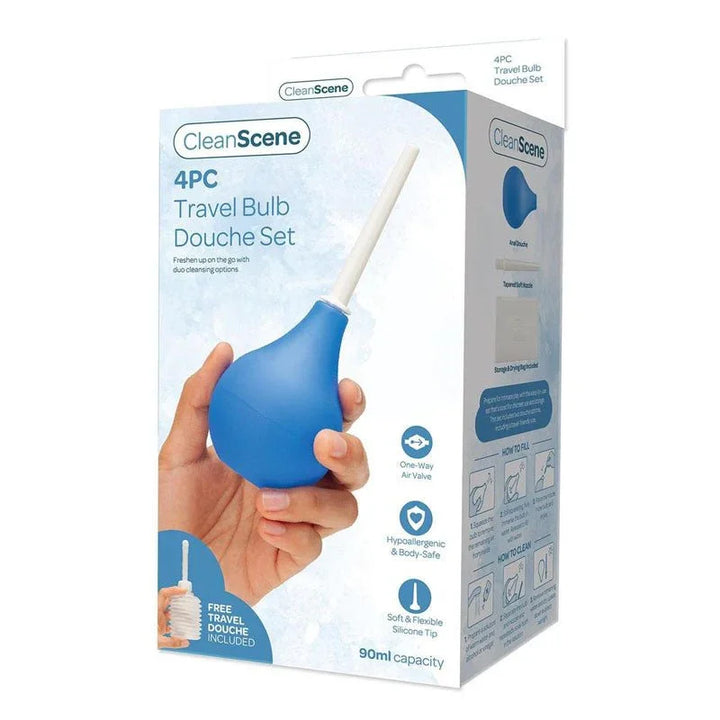 CleanScene 4 Piece Travel Bulb Douche Set retail box, blue bulb shown in a hand