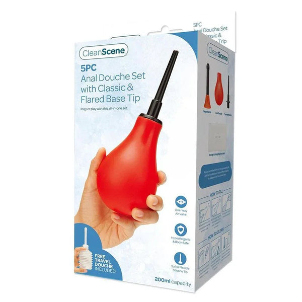 CleanScene 5 Piece Anal Douche Set retail box, red bulb and classic tip shown in a hand