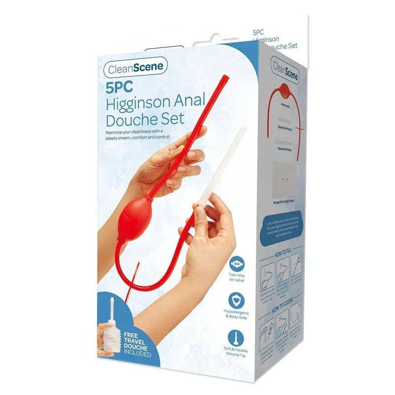 CleanScene 5 Piece Higginson Anal Douche Set retail box, red bulb and long tube in hands