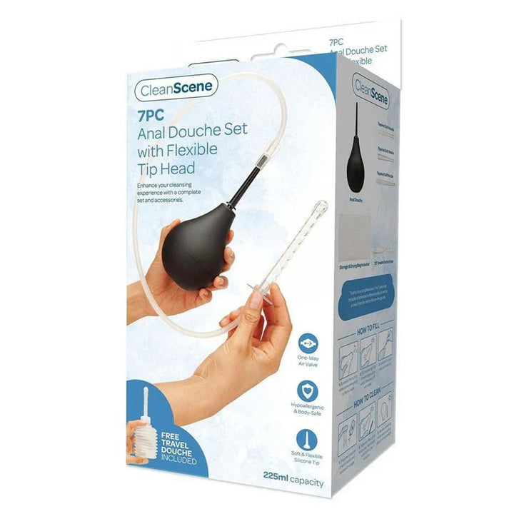 CleanScene 7 Piece Anal Douche Set retail box, black bulb and hose shown in a hand