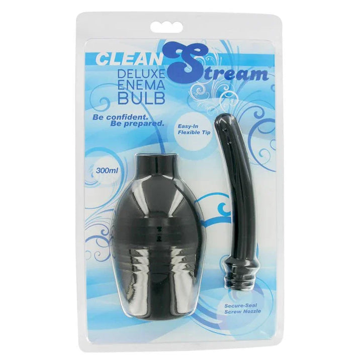 Clean Stream Deluxe Enema Bulb in black, 300ml capacity, flexible tip and secure-seal screw nozzle.