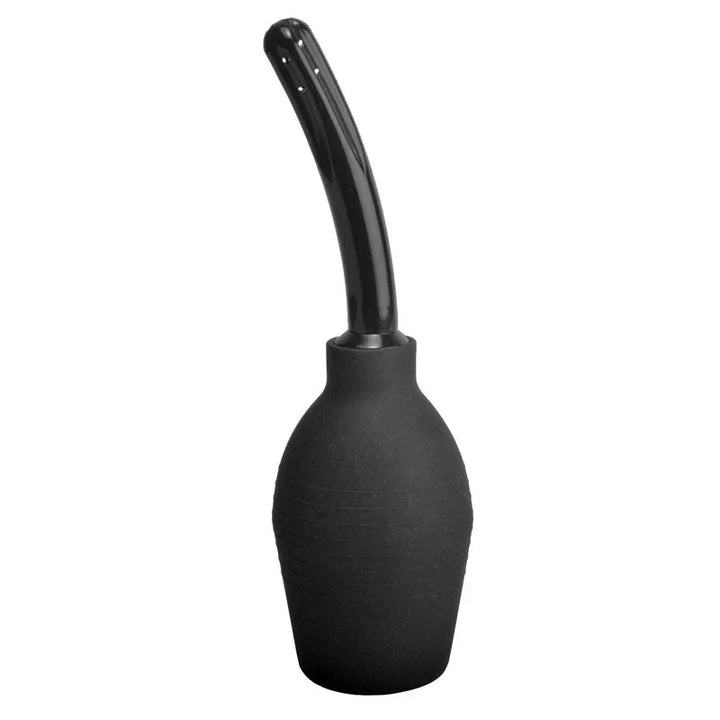 Black silicone enema bulb with curved nozzle, body-safe material, smooth texture.