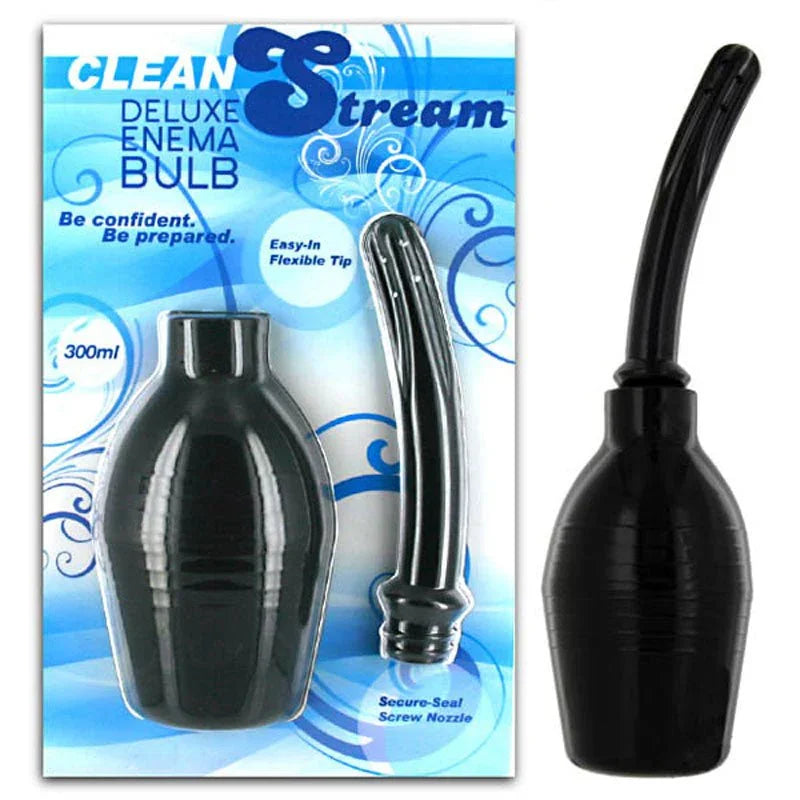 Clean Stream Deluxe Enema Bulb in black, 300ml capacity, flexible tip, secure-seal screw nozzle.