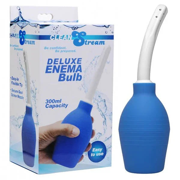 CleanStream Deluxe Enema Bulb in Blue with its white flexible nozzle, beside the retail box