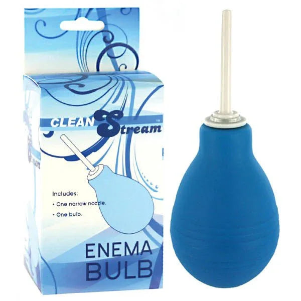 CleanStream Enema Bulb in Blue with its white nozzle fitted, beside the retail box