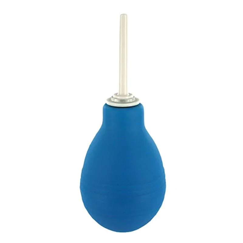 CleanStream Enema Bulb in Blue standing upright on white, nozzle attached
