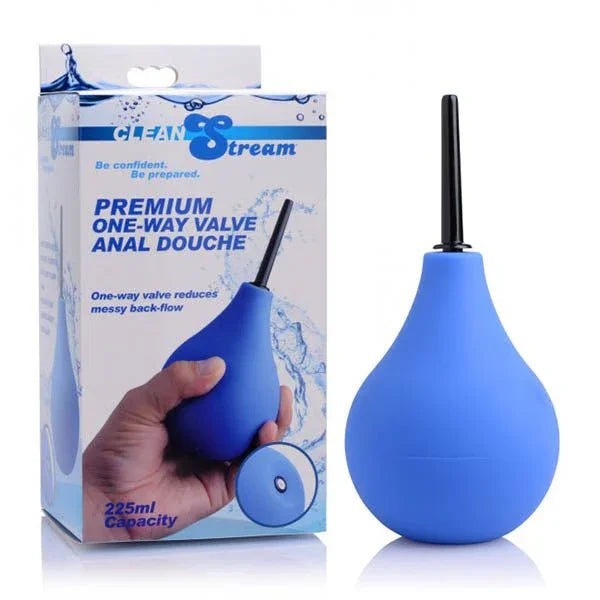 CleanStream one-way valve anal douche in Blue with black nozzle, beside its retail box