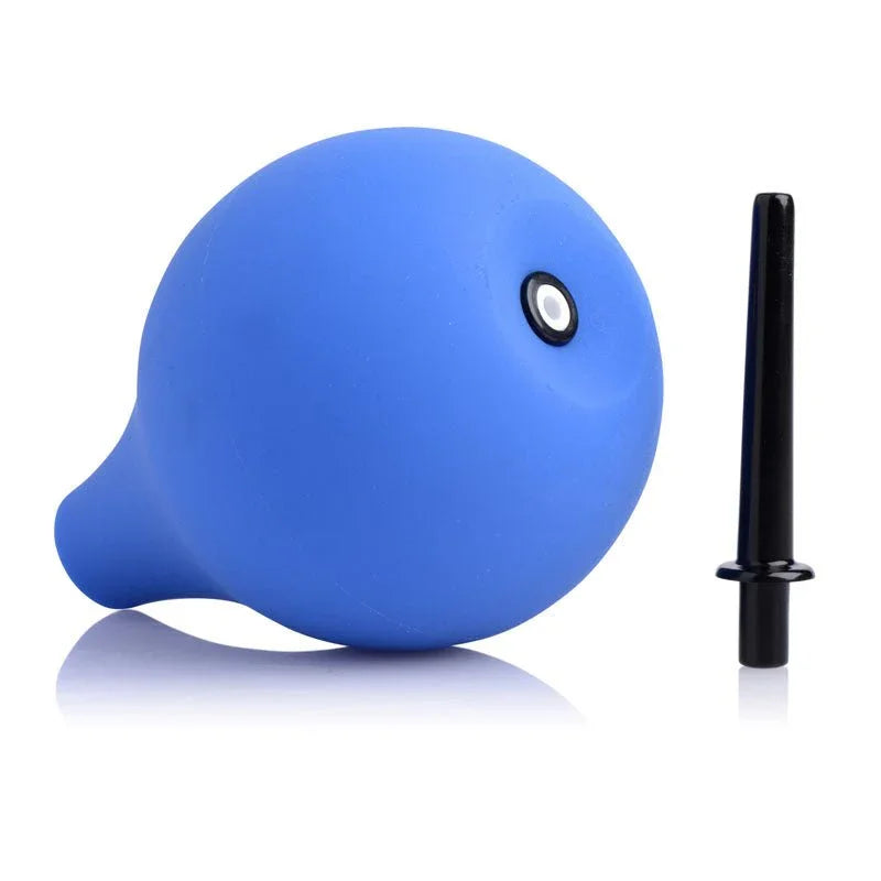 Blue douche bulb lying on its side with the black nozzle detached beside it