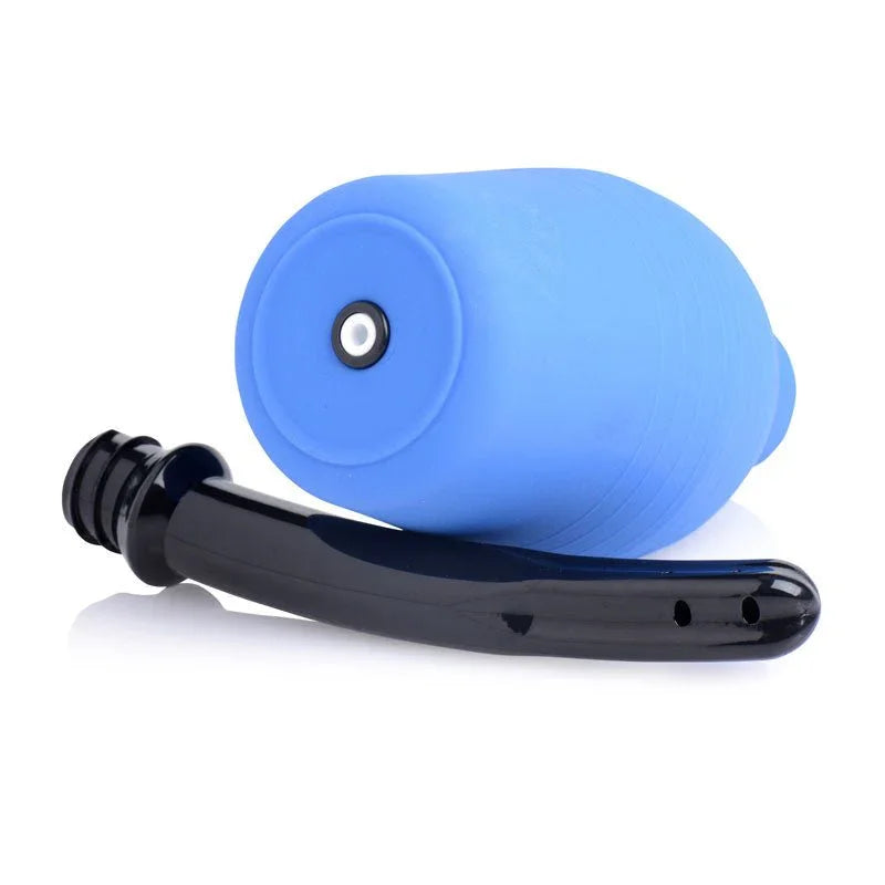 Blue silicone anal plug with black suction base, curved design for comfort.