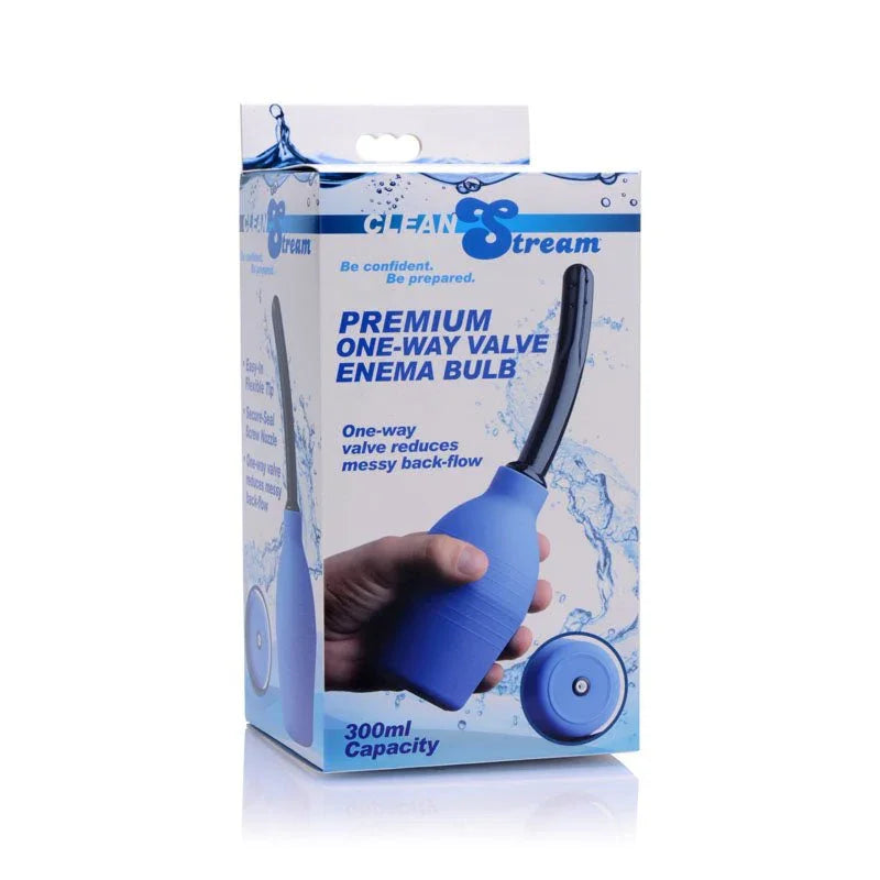 Clean Stream Premium One-Way Valve Enema Bulb in blue, 300ml capacity, one-way valve reduces back-flow.