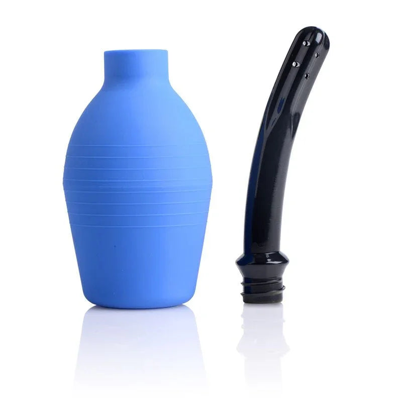 Blue silicone enema bulb with black nozzle, body-safe material, ribbed design for grip.