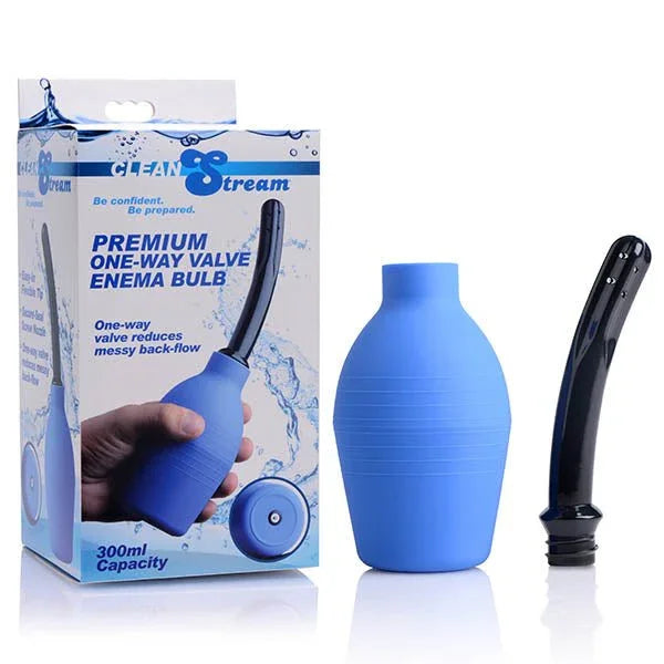 Clean Stream Premium One-Way Valve Enema Bulb in blue, silicone, 300ml capacity with black nozzle.
