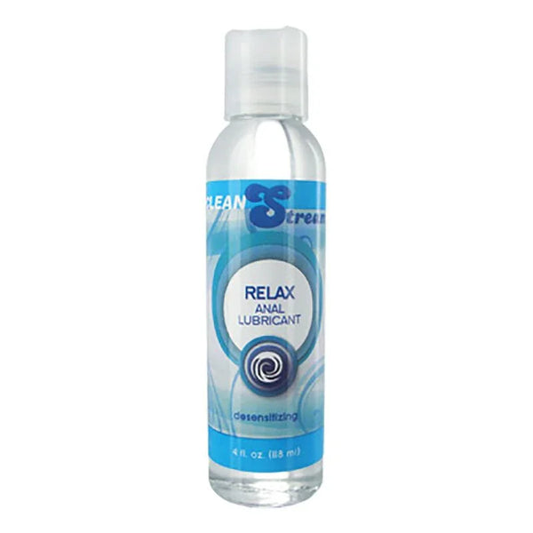 CleanStream Relax Anal Lubricant, 118 ml clear bottle with flip cap and blue Relax label
