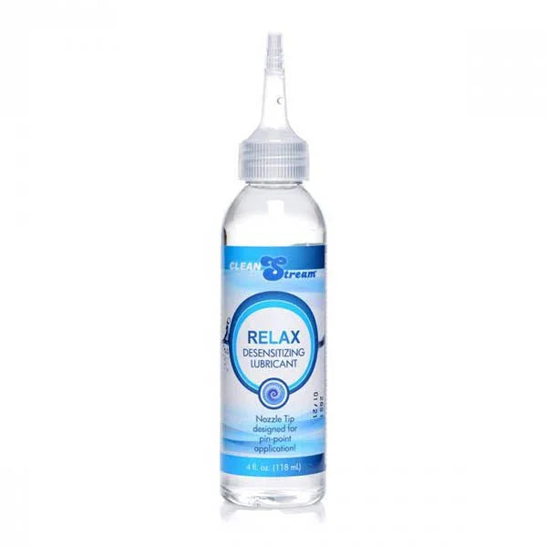 CleanStream Relax desensitising lubricant, 118 ml clear bottle with a pointed nozzle tip