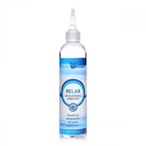 CleanStream Relax desensitising lubricant, taller 237 ml clear bottle with a nozzle tip