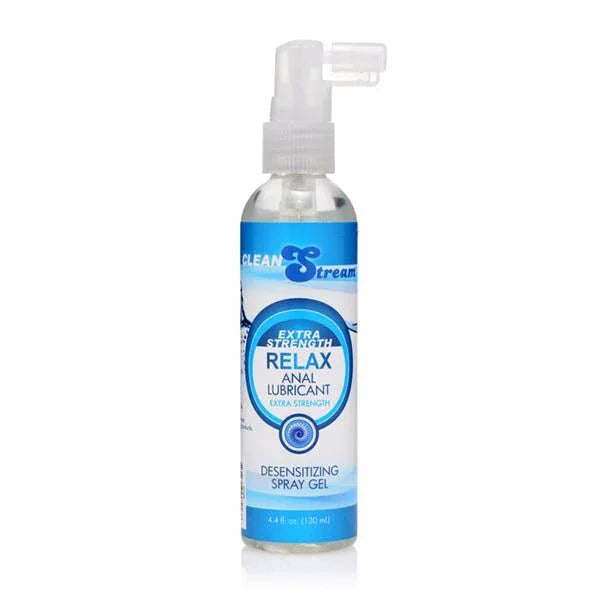 CleanStream Relax Extra Strength anal lubricant, 130 ml clear bottle with a spray nozzle