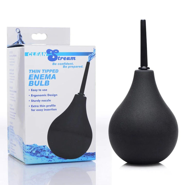 CleanStream Thin Tipped Enema Bulb in Black beside its retail box