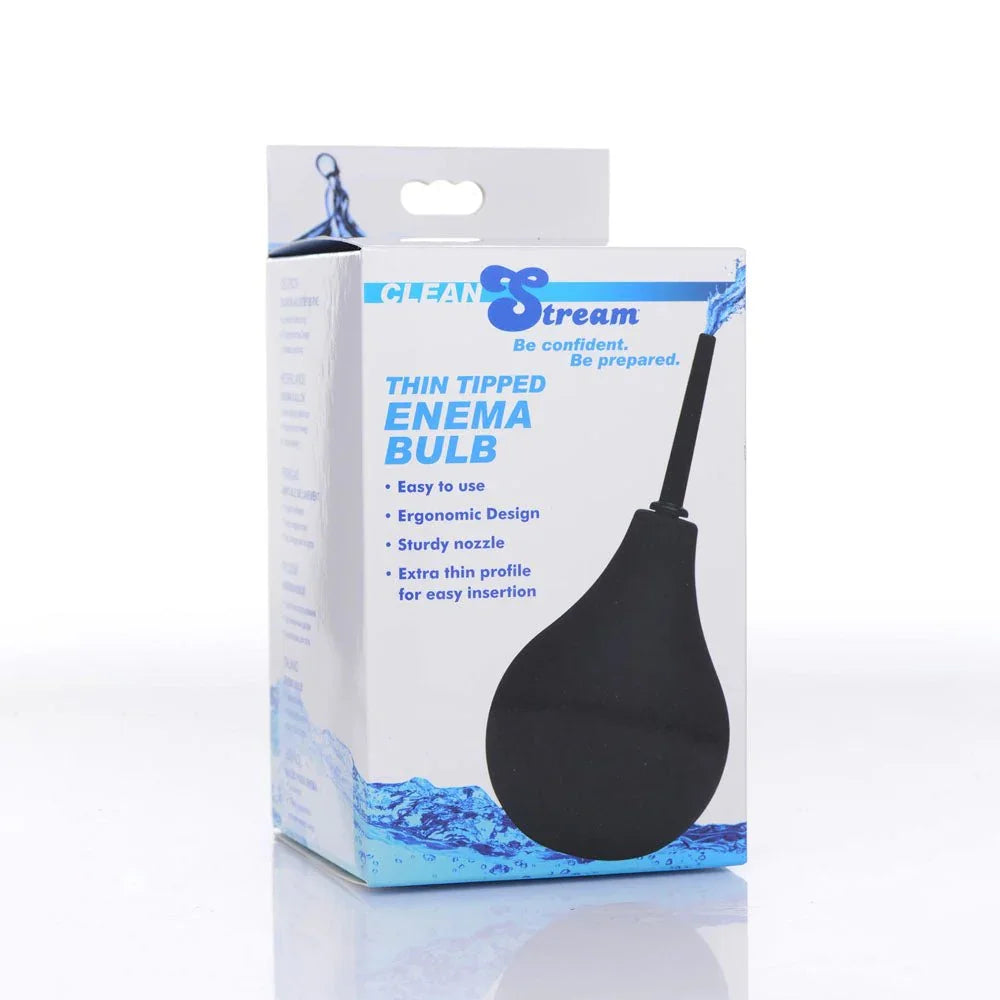 CleanStream Thin Tipped Enema Bulb retail box alone, front panel with the feature list